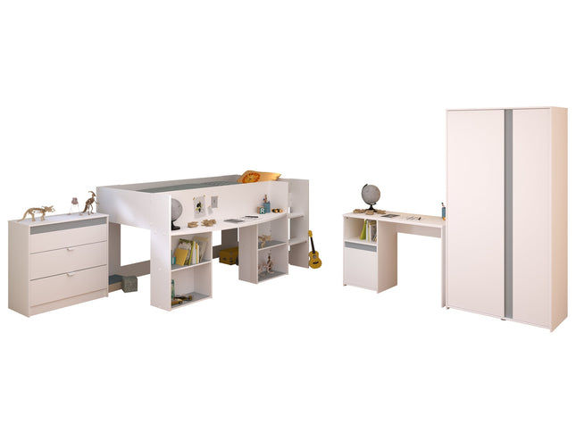 Parisot Kinderzimmer-Set Pirouette 11 – 4 tlg. Hochbett, Schreibtisch, Kleiderschrank & Kommode – Weiß Rosa/Grau