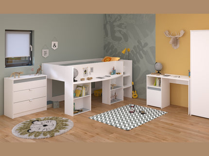 Parisot Kinderzimmer-Set Pirouette 11 – 4 tlg. Hochbett, Schreibtisch, Kleiderschrank & Kommode – Weiß Rosa/Grau