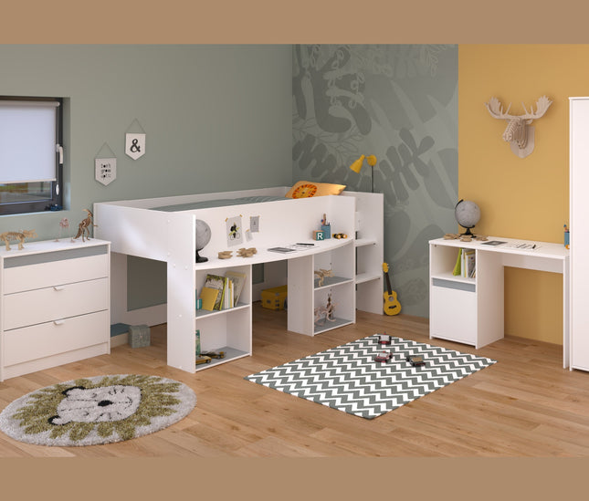 Parisot Kinderzimmer-Set Pirouette 11 – 4 tlg. Hochbett, Schreibtisch, Kleiderschrank & Kommode – Weiß Rosa/Grau