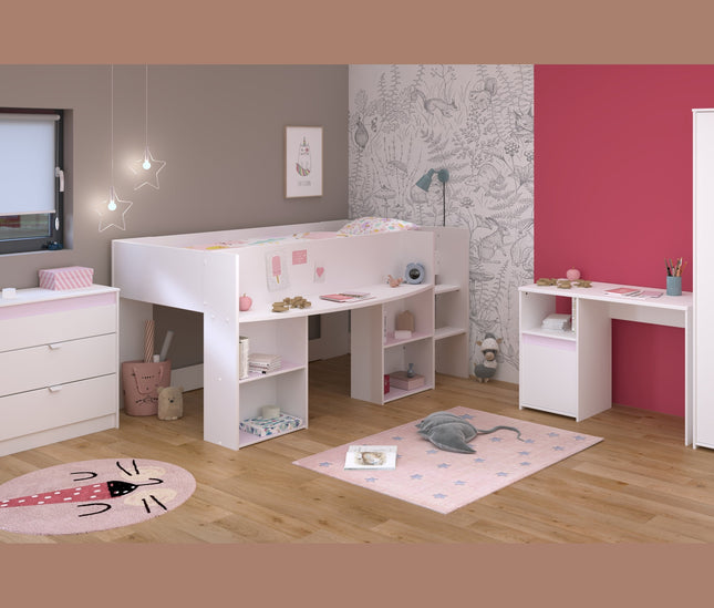 Parisot Kinderzimmer-Set Pirouette 11 – 4 tlg. Hochbett, Schreibtisch, Kleiderschrank & Kommode – Weiß Rosa/Grau