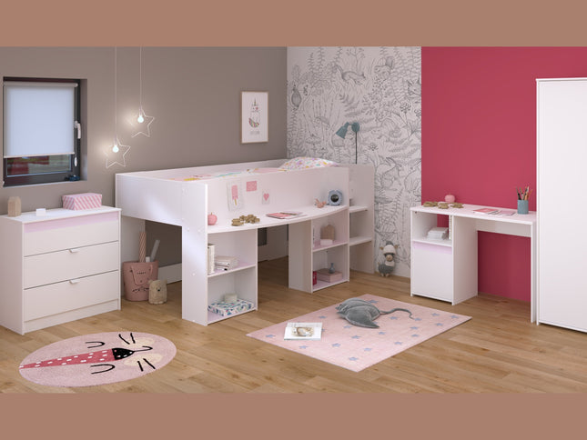 Parisot Kinderzimmer-Set Pirouette 11 – 4 tlg. Hochbett, Schreibtisch, Kleiderschrank & Kommode – Weiß Rosa/Grau