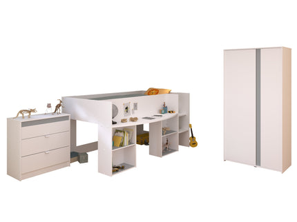 Parisot Kinderzimmer-Set Pirouette 12 – 3 tlg. Hochbett, Kleiderschrank & Kommode – Weiß Rosa/Grau