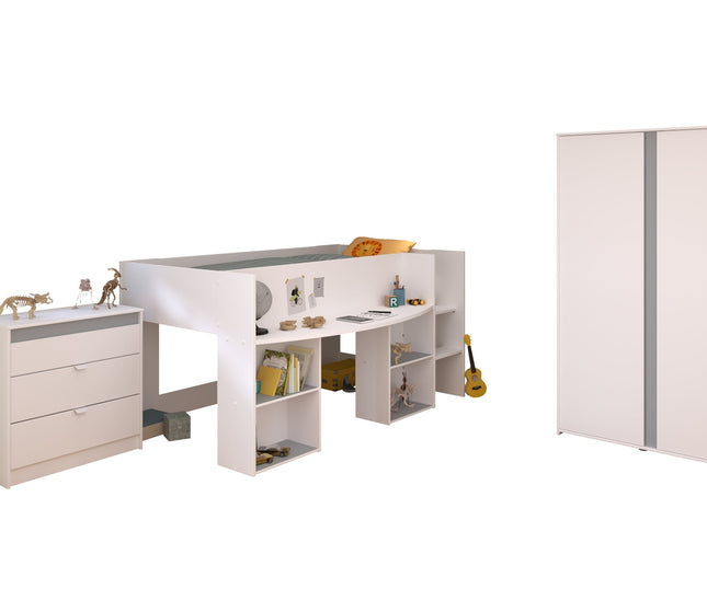 Parisot Kinderzimmer-Set Pirouette 12 – 3 tlg. Hochbett, Kleiderschrank & Kommode – Weiß Rosa/Grau