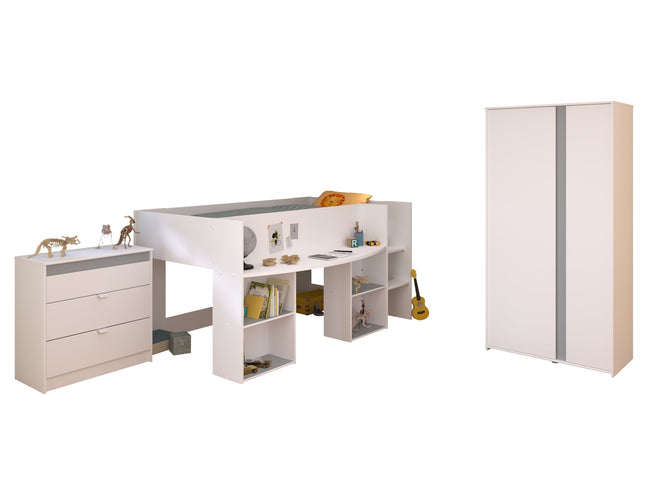 Parisot Kinderzimmer-Set Pirouette 12 – 3 tlg. Hochbett, Kleiderschrank & Kommode – Weiß Rosa/Grau
