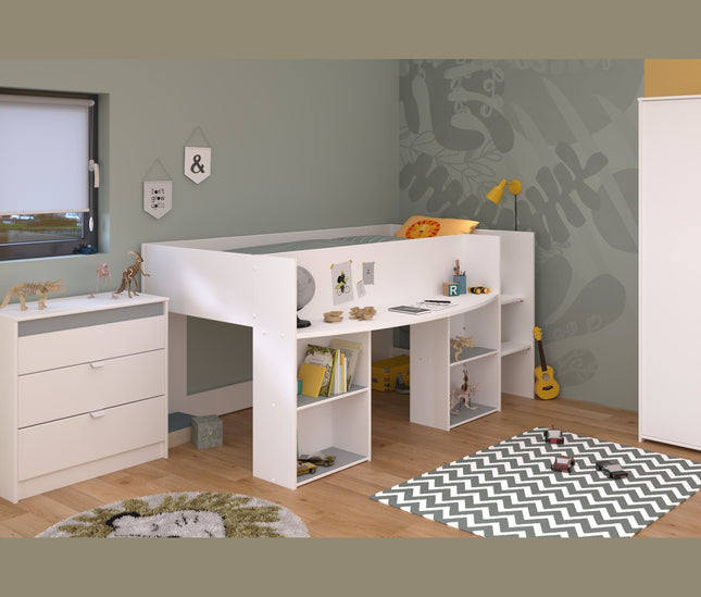 Parisot Kinderzimmer-Set Pirouette 12 – 3 tlg. Hochbett, Kleiderschrank & Kommode – Weiß Rosa/Grau