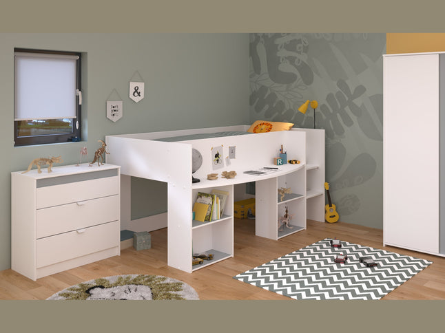 Parisot Kinderzimmer-Set Pirouette 12 – 3 tlg. Hochbett, Kleiderschrank & Kommode – Weiß Rosa/Grau