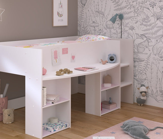 Parisot Kinderzimmer-Set Pirouette 12 – 3 tlg. Hochbett, Kleiderschrank & Kommode – Weiß Rosa/Grau