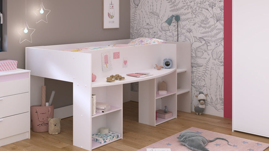 Parisot Kinderzimmer-Set Pirouette 12 – 3 tlg. Hochbett, Kleiderschrank & Kommode – Weiß Rosa/Grau
