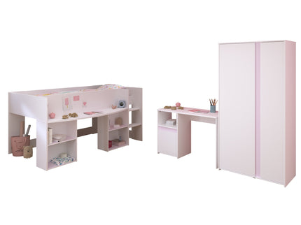 Parisot Kinderzimmer-Set Pirouette 13 – 3 tlg. Hochbett, Schreibtisch & Kleiderschrank in Weiß/Rosa oder Grau