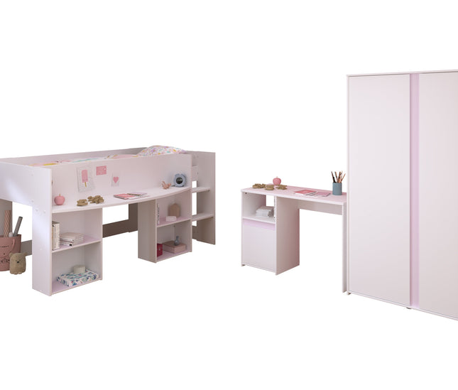 Parisot Kinderzimmer-Set Pirouette 13 – 3 tlg. Hochbett, Schreibtisch & Kleiderschrank in Weiß/Rosa oder Grau