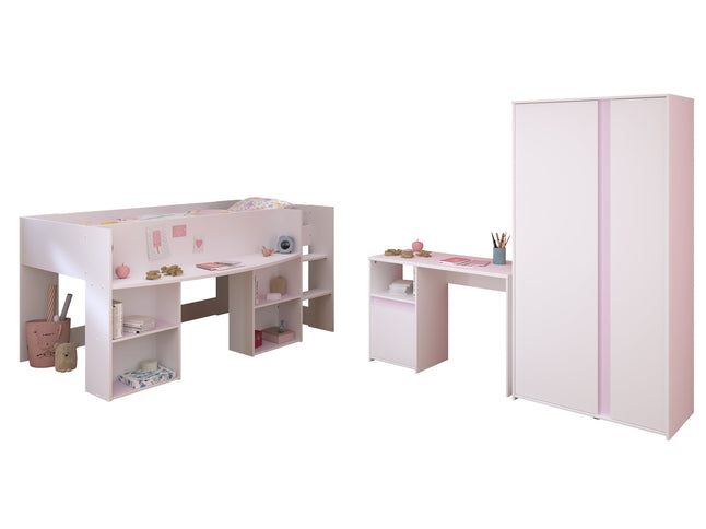 Parisot Kinderzimmer-Set Pirouette 13 – 3 tlg. Hochbett, Schreibtisch & Kleiderschrank in Weiß/Rosa oder Grau