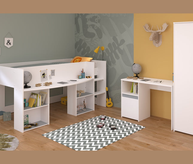 Parisot Kinderzimmer-Set Pirouette 13 – 3 tlg. Hochbett, Schreibtisch & Kleiderschrank in Weiß/Rosa oder Grau