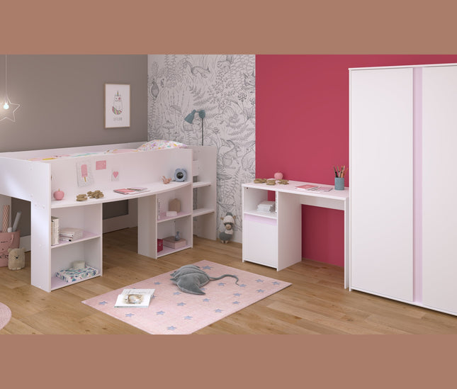 Parisot Kinderzimmer-Set Pirouette 13 – 3 tlg. Hochbett, Schreibtisch & Kleiderschrank in Weiß/Rosa oder Grau