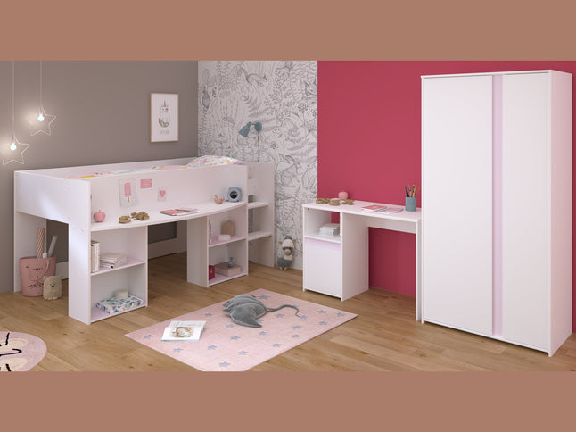 Parisot Kinderzimmer-Set Pirouette 13 – 3 tlg. Hochbett, Schreibtisch & Kleiderschrank in Weiß/Rosa oder Grau