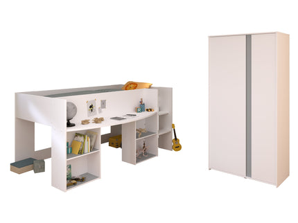 Parisot Kinderzimmer-Set Pirouette 14 – 2 tlg. Hochbett mit Schreibtisch & Kleiderschrank in Weiß/Rosa oder Grau