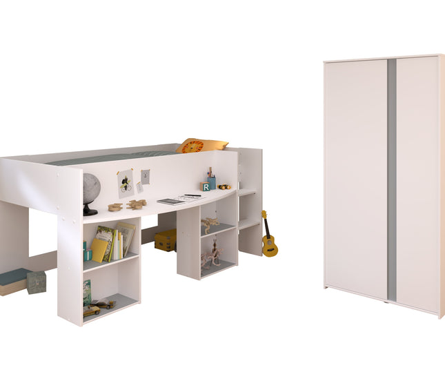 Parisot Kinderzimmer-Set Pirouette 14 – 2 tlg. Hochbett mit Schreibtisch & Kleiderschrank in Weiß/Rosa oder Grau