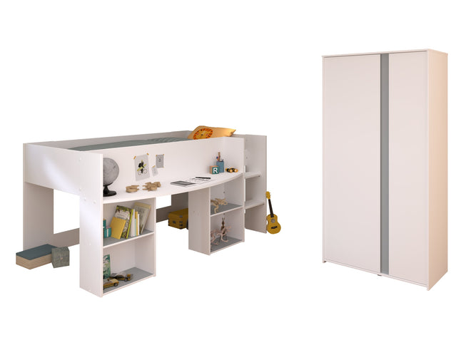 Parisot Kinderzimmer-Set Pirouette 14 – 2 tlg. Hochbett mit Schreibtisch & Kleiderschrank in Weiß/Rosa oder Grau