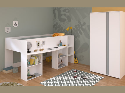Parisot Kinderzimmer-Set Pirouette 14 – 2 tlg. Hochbett mit Schreibtisch & Kleiderschrank in Weiß/Rosa oder Grau