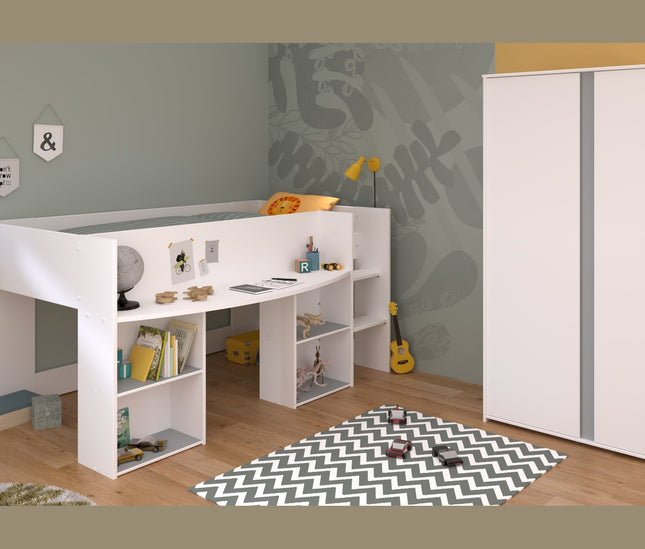 Parisot Kinderzimmer-Set Pirouette 14 – 2 tlg. Hochbett mit Schreibtisch & Kleiderschrank in Weiß/Rosa oder Grau