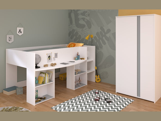 Parisot Kinderzimmer-Set Pirouette 14 – 2 tlg. Hochbett mit Schreibtisch & Kleiderschrank in Weiß/Rosa oder Grau