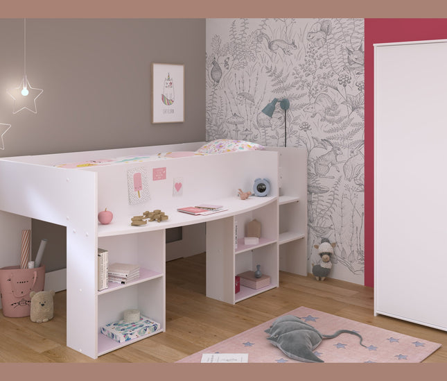 Parisot Kinderzimmer-Set Pirouette 14 – 2 tlg. Hochbett mit Schreibtisch & Kleiderschrank in Weiß/Rosa oder Grau