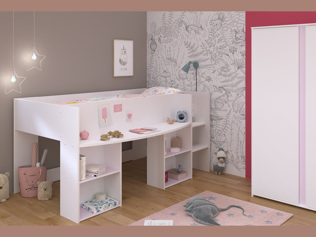 Parisot Kinderzimmer-Set Pirouette 14 – 2 tlg. Hochbett mit Schreibtisch & Kleiderschrank in Weiß/Rosa oder Grau
