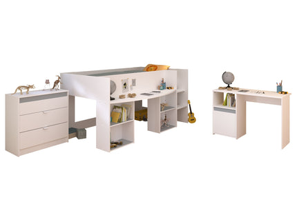 Parisot Kinderzimmer-Set Pirouette 15 – 3 tlg. Hochbett, Schreibtisch & Kommode in Weiß/Rosa oder Grau