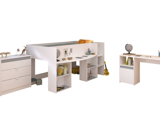 Parisot Kinderzimmer-Set Pirouette 15 – 3 tlg. Hochbett, Schreibtisch & Kommode in Weiß/Rosa oder Grau
