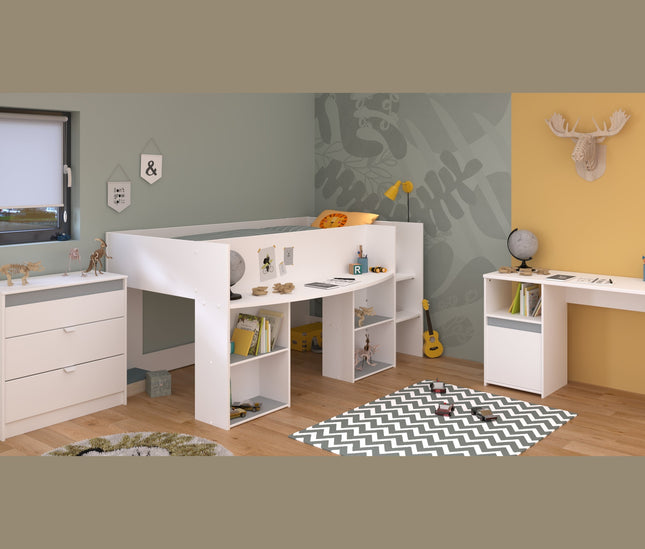 Parisot Kinderzimmer-Set Pirouette 15 – 3 tlg. Hochbett, Schreibtisch & Kommode in Weiß/Rosa oder Grau