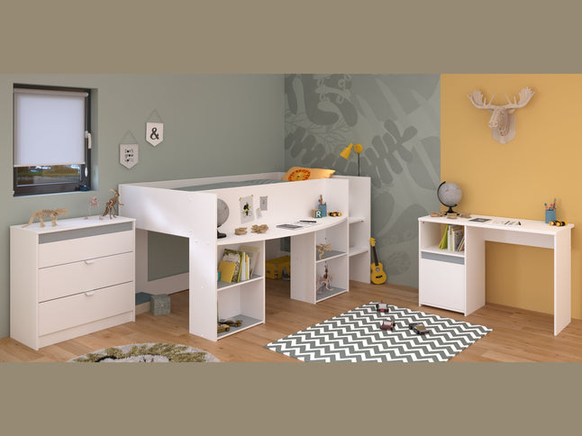 Parisot Kinderzimmer-Set Pirouette 15 – 3 tlg. Hochbett, Schreibtisch & Kommode in Weiß/Rosa oder Grau