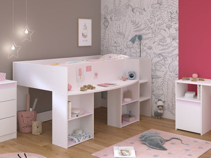 Parisot Kinderzimmer-Set Pirouette 15 – 3 tlg. Hochbett, Schreibtisch & Kommode in Weiß/Rosa oder Grau