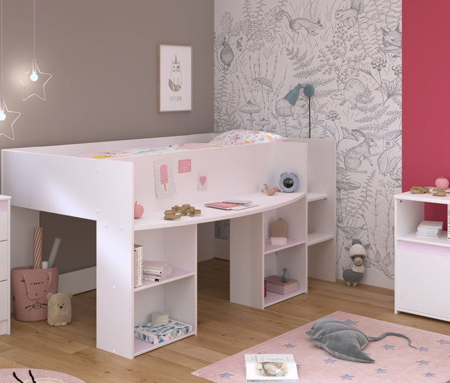Parisot Kinderzimmer-Set Pirouette 15 – 3 tlg. Hochbett, Schreibtisch & Kommode in Weiß/Rosa oder Grau
