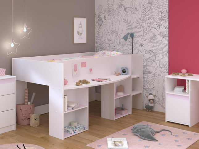Parisot Kinderzimmer-Set Pirouette 15 – 3 tlg. Hochbett, Schreibtisch & Kommode in Weiß/Rosa oder Grau