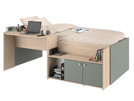 Parisot Jade1 - Hochbett mit integrierten Schreibtisch und Stauraum - 90x200 - Jackson Eiche und Seladon grün  #