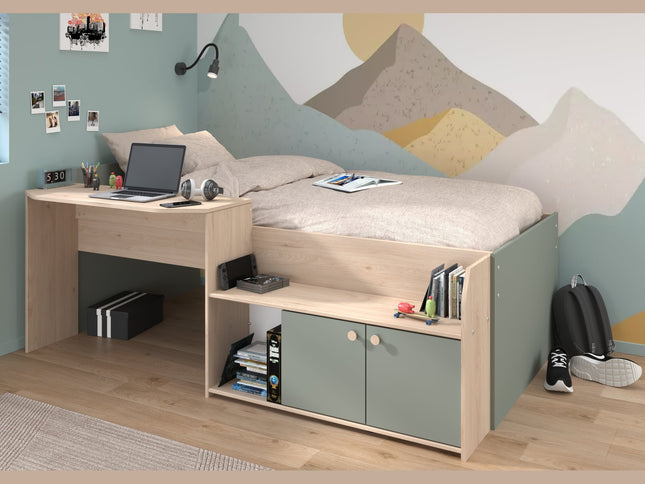 Parisot Jade1 - Hochbett mit integrierten Schreibtisch und Stauraum - 90x200 - Jackson Eiche und Seladon grün  #