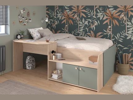 Parisot Jade1 - Hochbett mit integrierten Schreibtisch und Stauraum - 90x200 - Jackson Eiche und Seladon grün  #