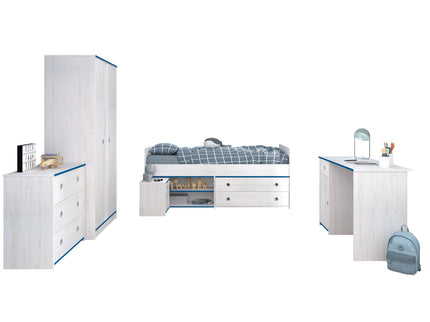 Parisot Jugendzimmer-Set Smoozy 36 - 5-tlg Kinderzimmer-Set mit Stauraumbett, Schrank, Schreibtisch & Kommode, Kiefer Weiß, Pink/Blau