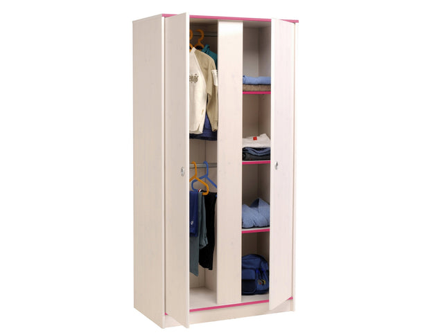 Parisot Jugendzimmer-Set Smoozy 36 - 5-tlg Kinderzimmer-Set mit Stauraumbett, Schrank, Schreibtisch & Kommode, Kiefer Weiß, Pink/Blau