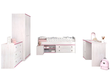 Parisot Jugendzimmer-Set Smoozy 36 - 5-tlg Kinderzimmer-Set mit Stauraumbett, Schrank, Schreibtisch & Kommode, Kiefer Weiß, Pink/Blau