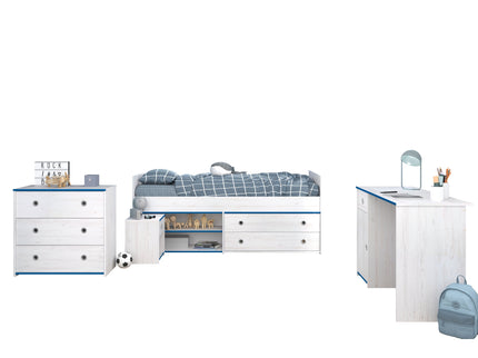 Parisot Jugendzimmer-Set Smoozy 37 - 4-tlg Kinderzimmer mit Stauraumbett, Schreibtisch & Kommode, Kiefer Weiß, Pink/Blau