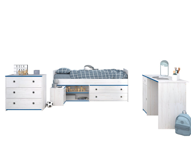 Parisot Jugendzimmer-Set Smoozy 37 - 4-tlg Kinderzimmer mit Stauraumbett, Schreibtisch & Kommode, Kiefer Weiß, Pink/Blau