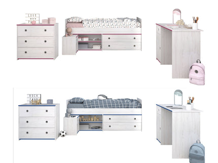 Parisot Jugendzimmer-Set Smoozy 37 - 4-tlg Kinderzimmer mit Stauraumbett, Schreibtisch & Kommode, Kiefer Weiß, Pink/Blau