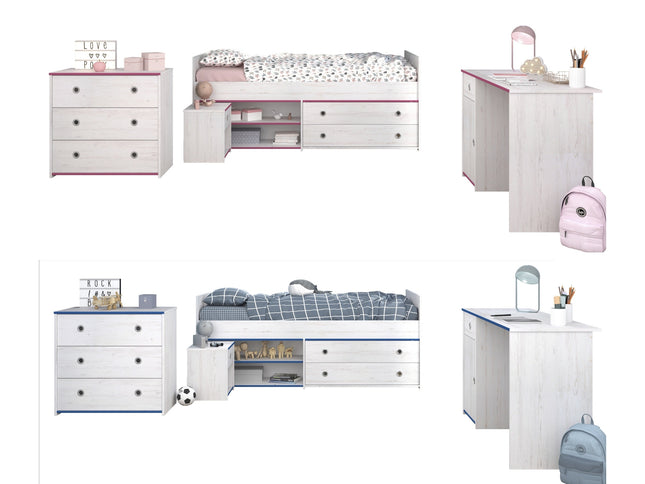 Parisot Jugendzimmer-Set Smoozy 37 - 4-tlg Kinderzimmer mit Stauraumbett, Schreibtisch & Kommode, Kiefer Weiß, Pink/Blau