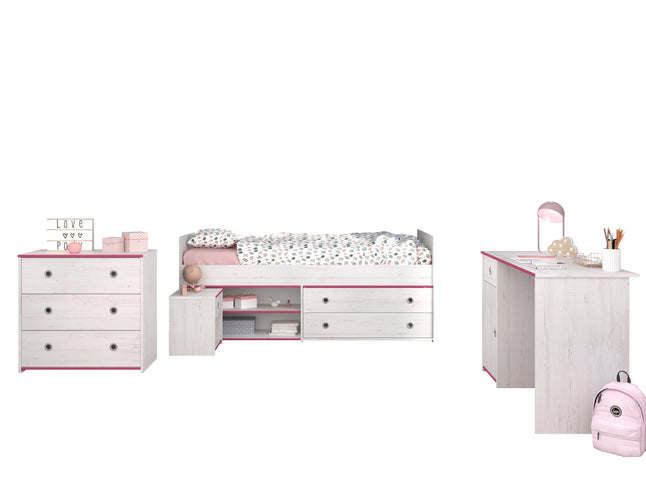 Parisot Jugendzimmer-Set Smoozy 37 - 4-tlg Kinderzimmer mit Stauraumbett, Schreibtisch & Kommode, Kiefer Weiß, Pink/Blau