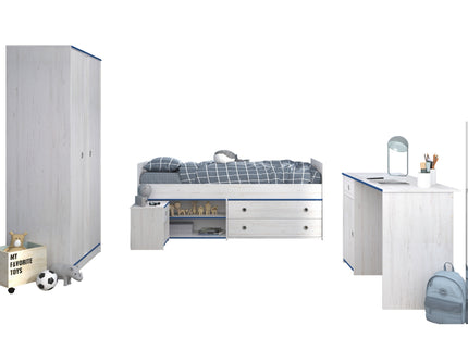 Parisot Smoozy 26 – 4-teiliges Kinderzimmer-Set mit Stauraumbett, Schrank & Schreibtisch, Kiefer Weiß, Blau/Pink