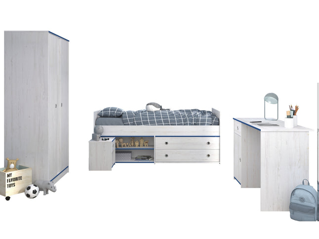 Parisot Smoozy 26 – 4-teiliges Kinderzimmer-Set mit Stauraumbett, Schrank & Schreibtisch, Kiefer Weiß, Blau/Pink