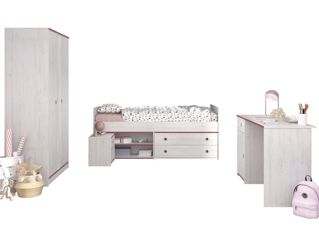 Parisot Smoozy 26 – 4-teiliges Kinderzimmer-Set mit Stauraumbett, Schrank & Schreibtisch, Kiefer Weiß, Blau/Pink