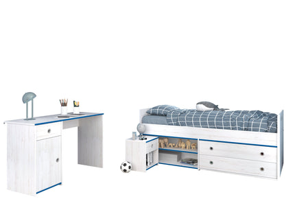 Parisot Smoozy 27 – 3-teiliges Kinderzimmer-Set mit Stauraumbett & Schreibtisch, Kiefer Weiß, Kanten Pink/Blau