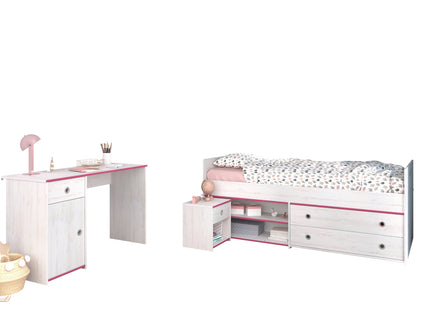 Parisot Smoozy 27 – 3-teiliges Kinderzimmer-Set mit Stauraumbett & Schreibtisch, Kiefer Weiß, Kanten Pink/Blau