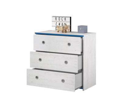 Parisot Smoozy 21 – 4-teiliges Kinderzimmer-Set mit Stauraumbett, Schrank & Kommode, Kiefer Weiß, Pink/Blau drehbar